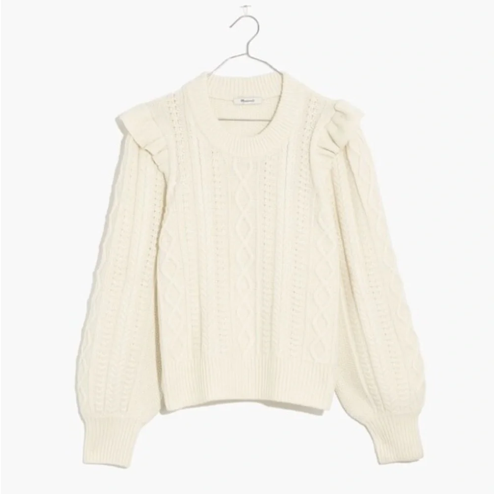 Madewell Hollydene Ruffle-Shoulder Pullover Sweater in Antique Cream